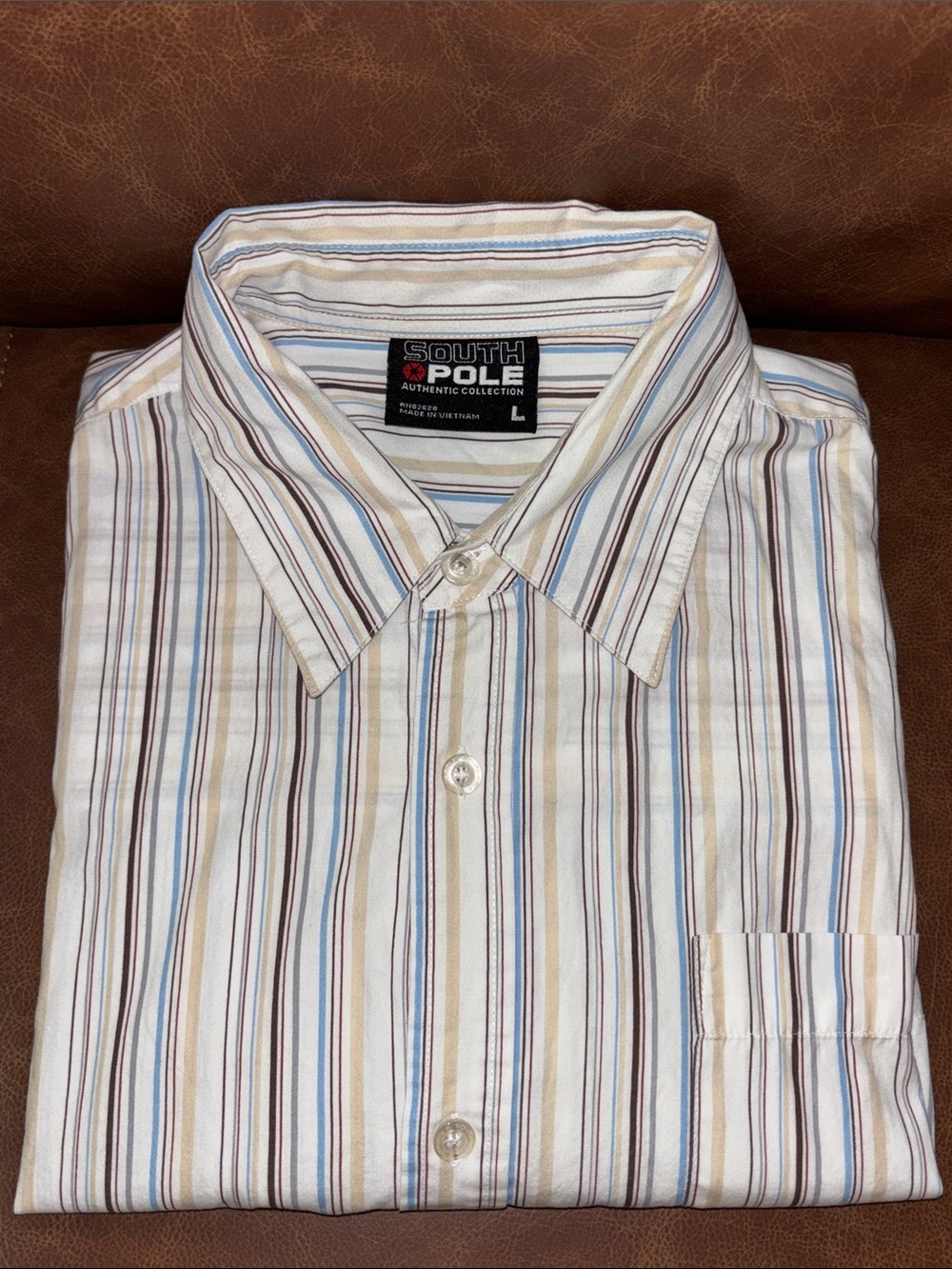 Y2K South Pole Men's Striped Button-Up Shirt - White, Blue & Tan Size Large
